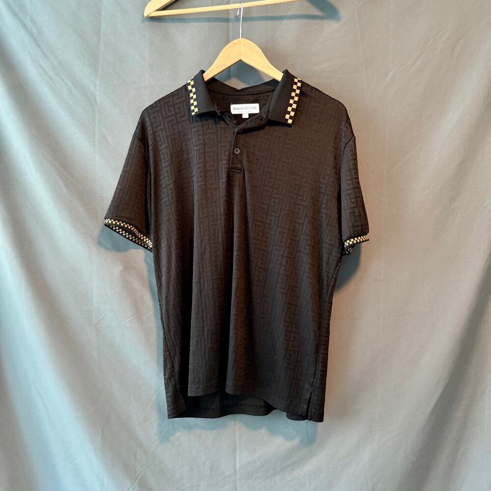 Suslo Couture Polo Shirt Men’s Large Black Geometric Knit Trim Short Sleeve
